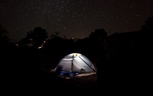 Превью обои палатка, звездное небо, кемпинг, ночь