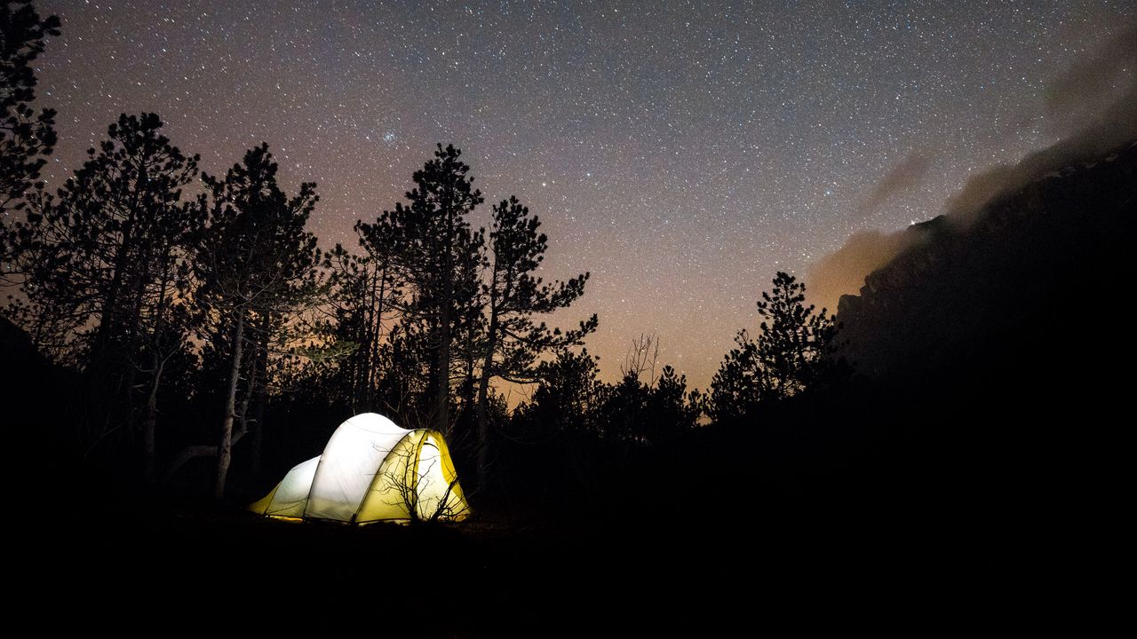 Обои палатка, звездное небо, кемпинг, путешествие, ночь