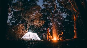Превью обои палатка, звездное небо, костер, кемпинг, отдых, деревья, лес