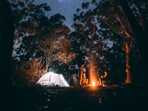 Превью обои палатка, звездное небо, костер, кемпинг, отдых, деревья, лес