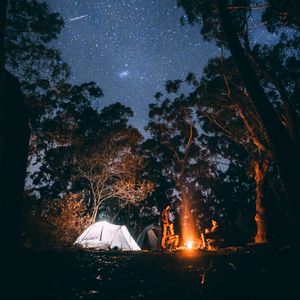 Превью обои палатка, звездное небо, костер, кемпинг, отдых, деревья, лес