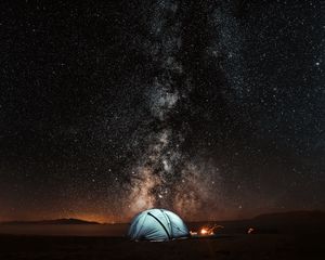 Превью обои палатка, звездное небо, ночь, туризм