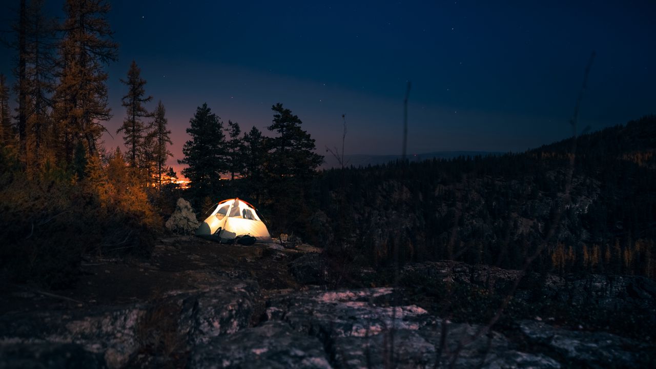 Обои палатка, звездное небо, ночь, кемпинг, деревья