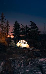 Превью обои палатка, звездное небо, ночь, кемпинг, деревья
