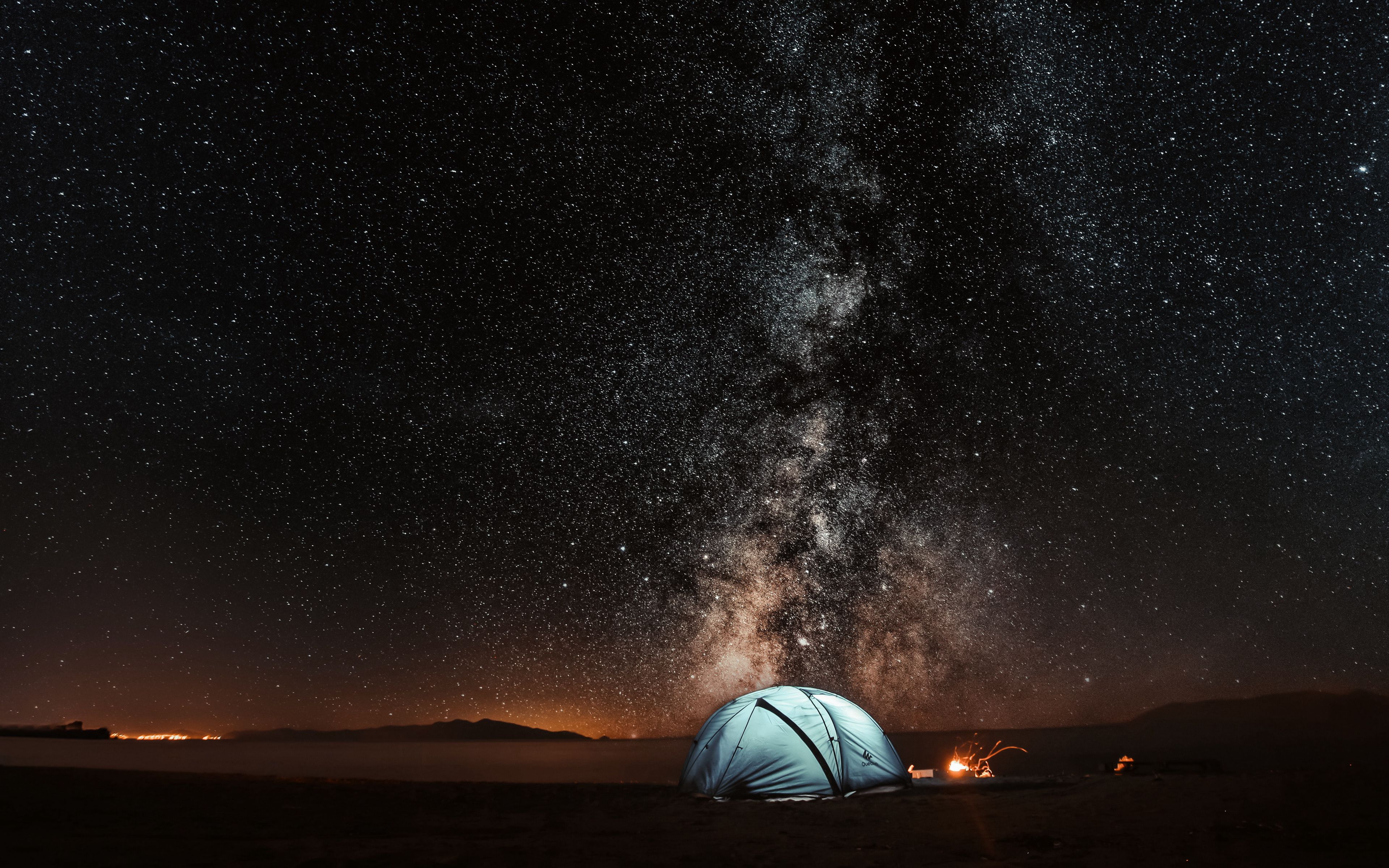 3840x2400 Обои палатка, звездное небо, ночь, туризм
