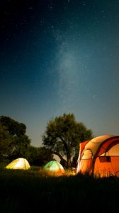 Превью обои палатки, кемпинг, ночь, природа, темный