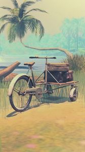 Превью обои пальма, арт, лагуна, пляж, велосипед, трава, колесо