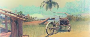 Превью обои пальма, арт, лагуна, пляж, велосипед, трава, колесо