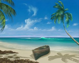 Превью обои пальма, лодка, океан, прибой, арт