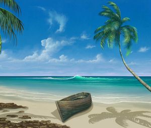 Превью обои пальма, лодка, океан, прибой, арт