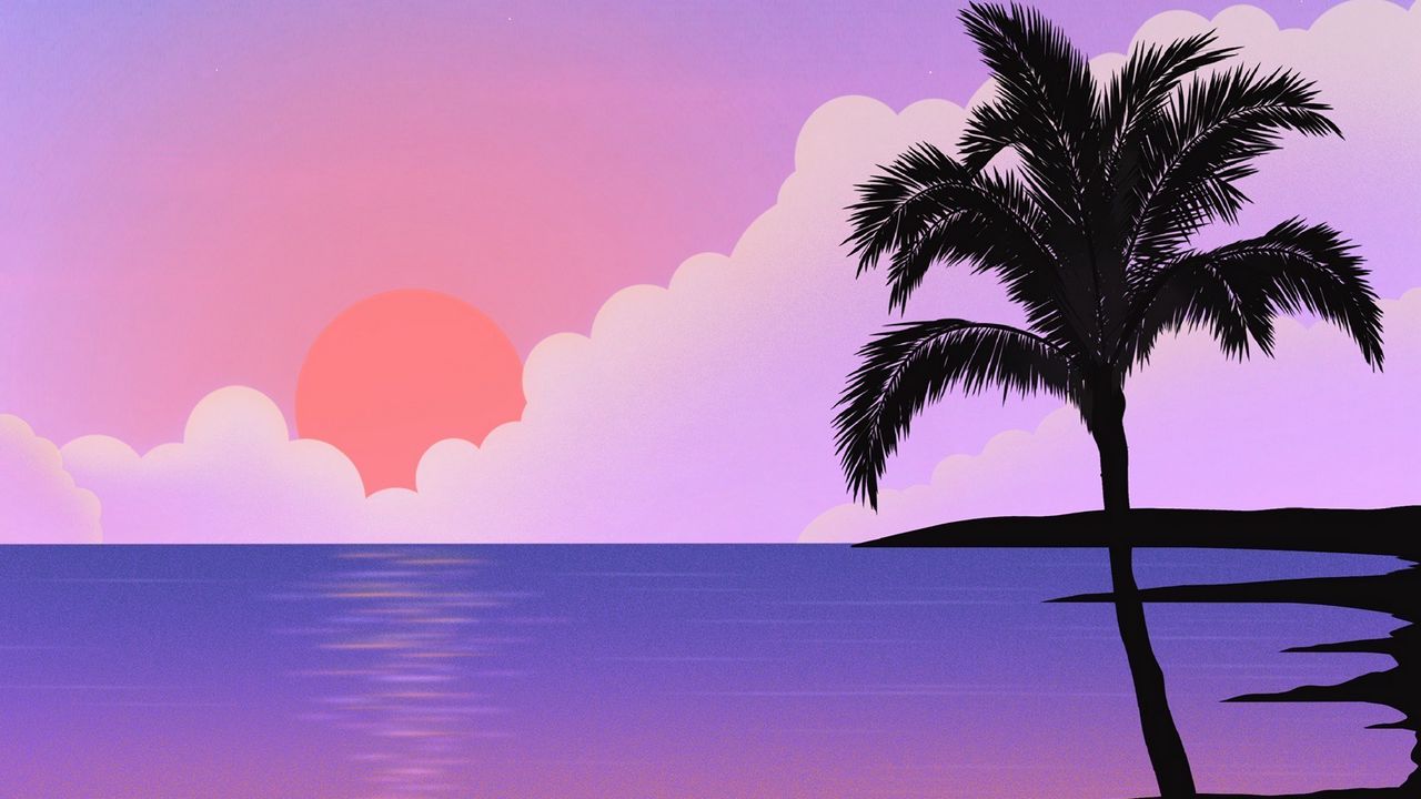 Обои пальма, море, закат, остров, арт