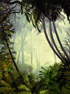 Превью обои пальмы, деревья, джунгли, туман