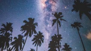 Превью обои пальмы, звездное небо, млечный путь, звезды, ночь, мальдивы