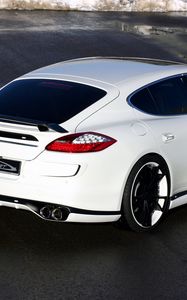 Превью обои panamera, porsche, машина, белый, вид сзади