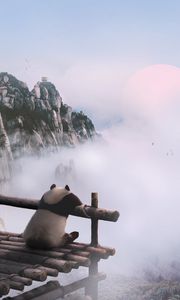 Превью обои панда, горы, туман, облака, природа