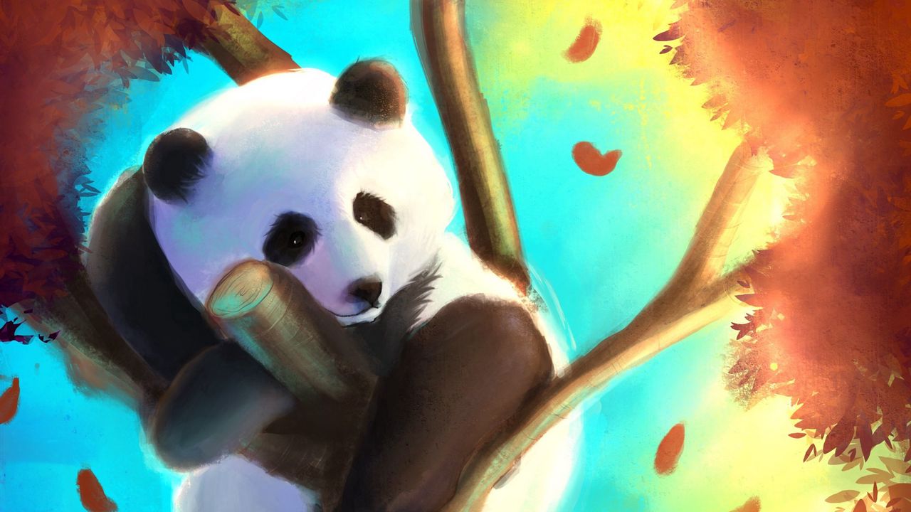 Обои панда, милый, дерево, арт, красочный