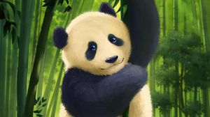 Превью обои панда, взгляд, милый, бамбук, стебли, арт