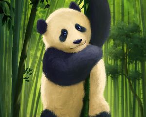 Превью обои панда, взгляд, милый, бамбук, стебли, арт