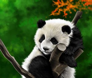 Превью обои панда, животное, ветка, арт
