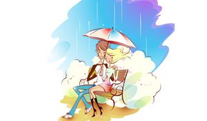 Превью обои пара, арт, рисунок, любовь, дождь, зонт, скамейка