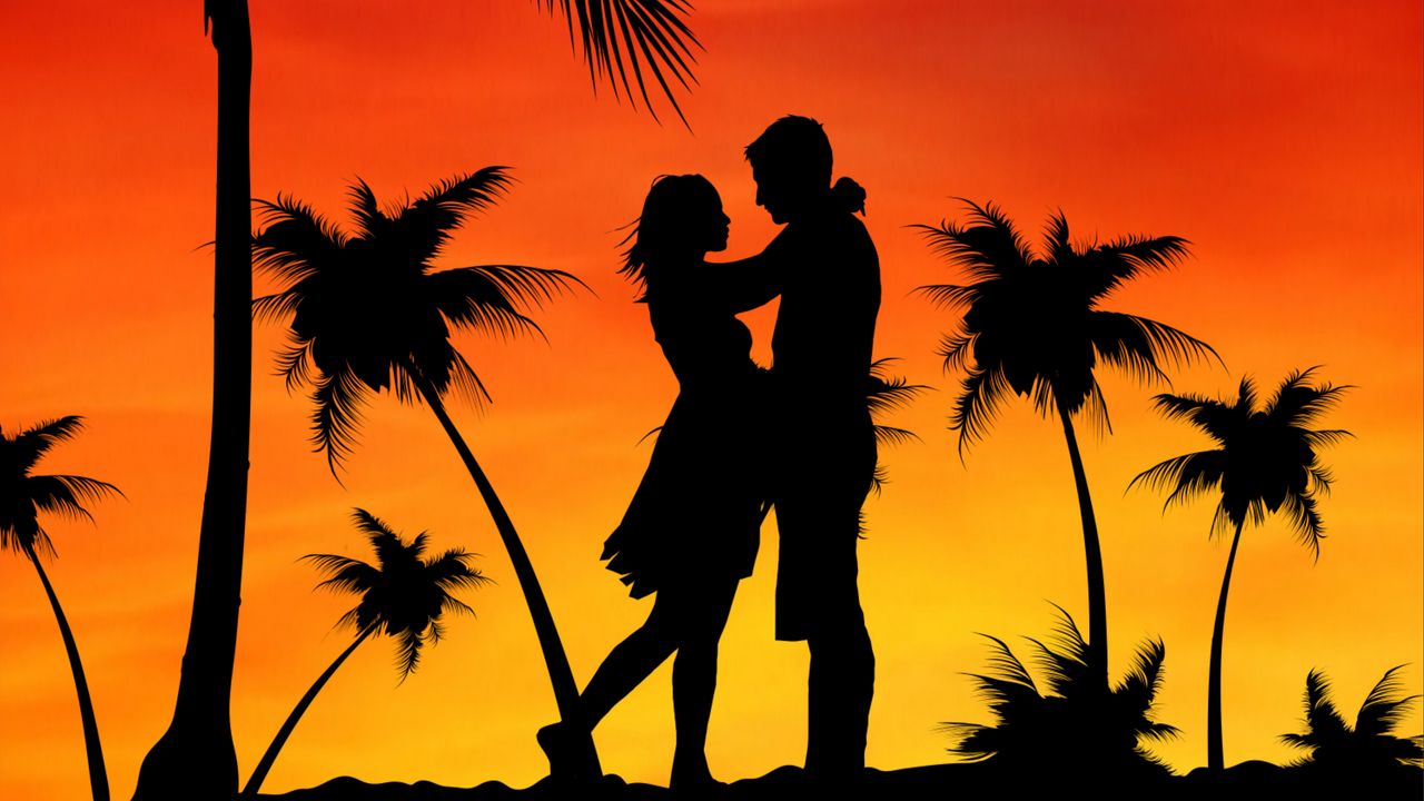 Обои пара, любовь, пальмы, закат