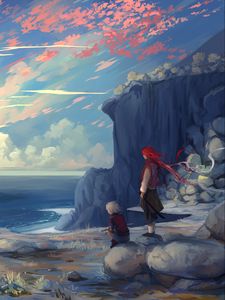 Превью обои пара, обрыв, арт, горы, море