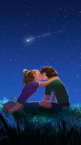 Превью обои пара, поцелуй, арт, звездное небо, романтика