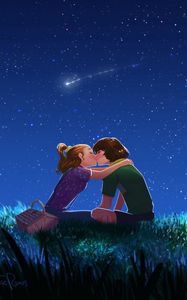 Превью обои пара, поцелуй, арт, звездное небо, романтика