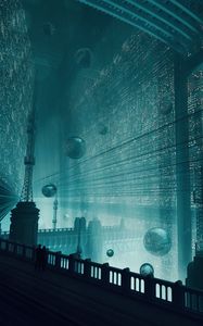 Превью обои пара, силуэты, мост, фантастика