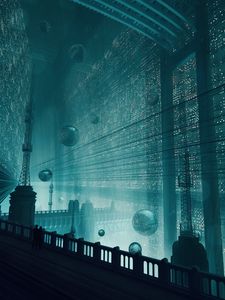 Превью обои пара, силуэты, мост, фантастика