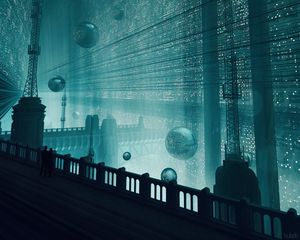 Превью обои пара, силуэты, мост, фантастика