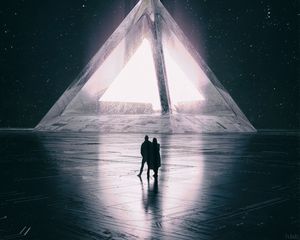 Превью обои пара, силуэты, пирамида, свечение, темный