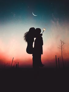 Превью обои пара, силуэты, поцелуй, объятия