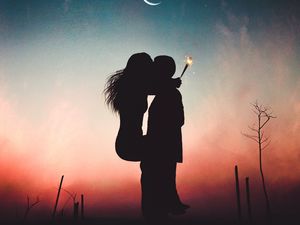 Превью обои пара, силуэты, поцелуй, объятия