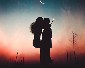 Превью обои пара, силуэты, поцелуй, объятия