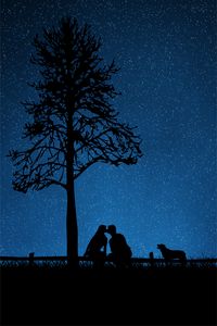 Превью обои пара, силуэты, поцелуй, собака, звездное небо, дерево