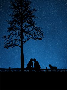 Превью обои пара, силуэты, поцелуй, собака, звездное небо, дерево
