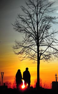 Превью обои пара, силуэты, закат, прогулка, дерево