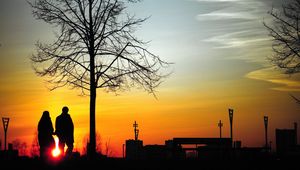 Превью обои пара, силуэты, закат, прогулка, дерево