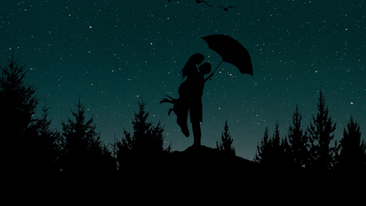 Обои пара, силуэты, звездное небо, любовь, зонт, луна, деревья, ночь
