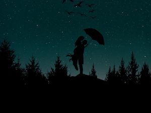 Превью обои пара, силуэты, звездное небо, любовь, зонт, луна, деревья, ночь