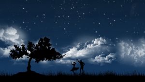 Превью обои пара, танец, небо, ночь, дерево, силуэты, облака, звезды