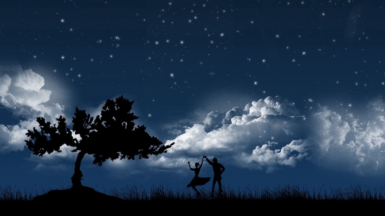 Обои пара, танец, небо, ночь, дерево, силуэты, облака, звезды