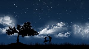 Превью обои пара, танец, небо, ночь, дерево, силуэты, облака, звезды