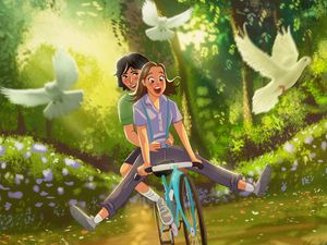 Превью обои пара, велосипед, любовь, романтика, арт, счастье