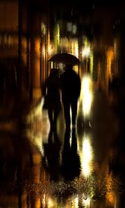 Превью обои пара, зонт, дождь, силуэты, прогулка, романтика