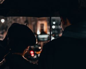 Превью обои пара, зонтик, любовь, дождь, темный