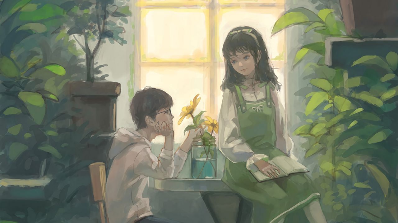 Обои парень, девушка, арт, оранжерея, цветы, окно