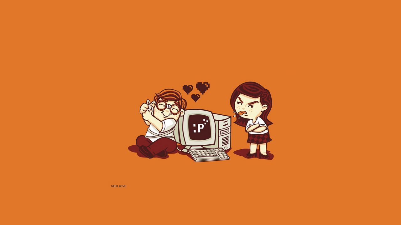 Обои парень, девушка, компьютер, любовь, геймер, вектор