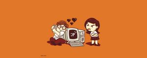 Превью обои парень, девушка, компьютер, любовь, геймер, вектор